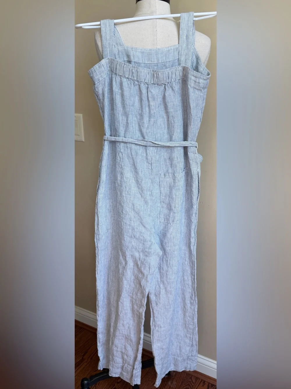 QUINCE 100% Linen Striped Square Neck Jumpsuit, XS
